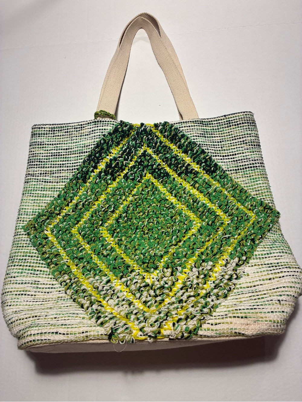 Panache Green & Yellow Handwoven Diamond Tote with Cream Handles